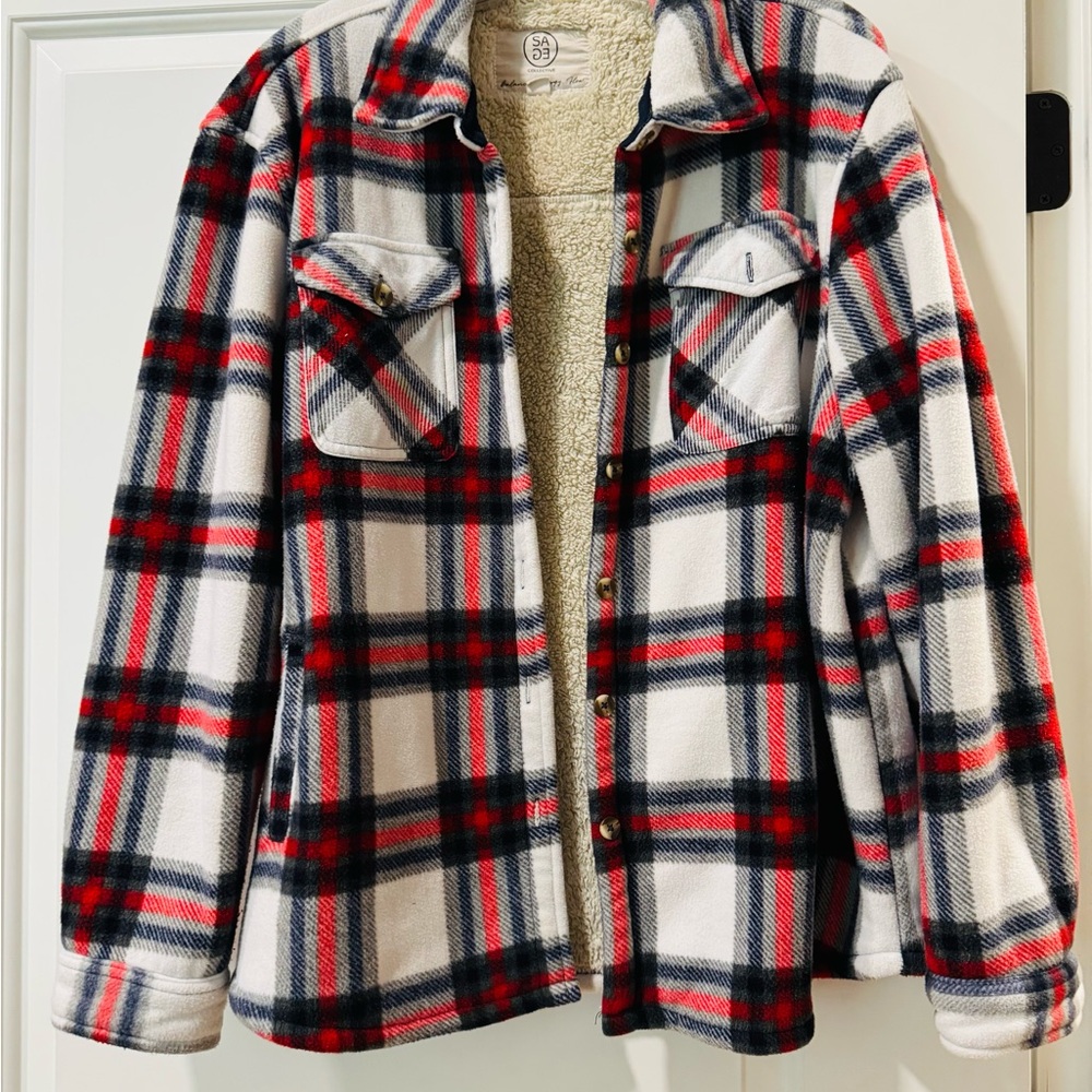 Sage Plaid Sherpa-Lined Jacket in White, Red & Black